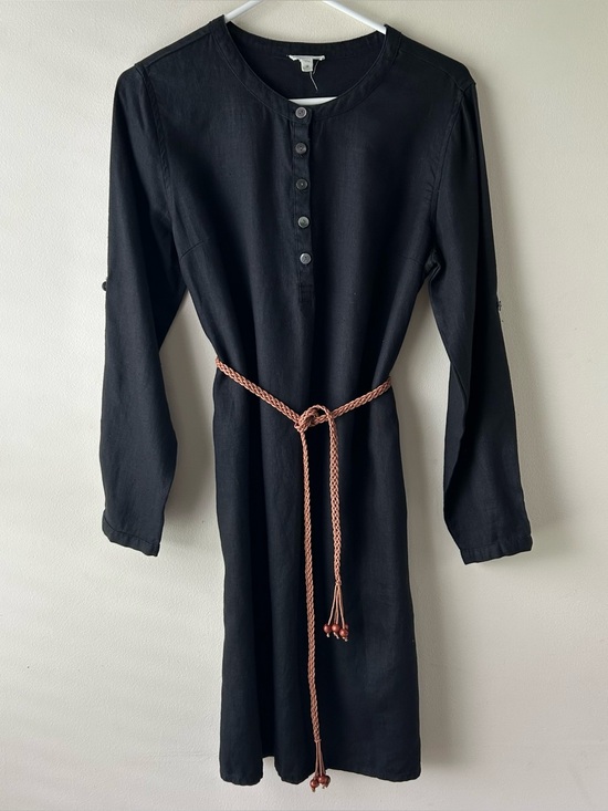 Garnet Hill Dresses & Skirts - Garnet Hill 100% Linen Shirt Dress Midi Beaded Braided Belt Black Brown 8